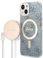 Guess Bundle Pack MagSafe 4G - Set of case for iPhone 14 Plus + MagSafe charger (Blue/Gold)