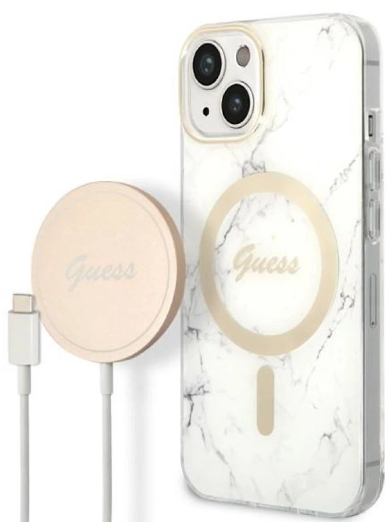 Guess Bundle Pack MagSafe IML Marble - Set of case for iPhone 14 Plus + MagSafe charger (White/Gold)