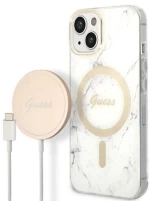 Guess Bundle Pack MagSafe IML Marble - Set of case for iPhone 14 Plus + MagSafe charger (White/Gold)