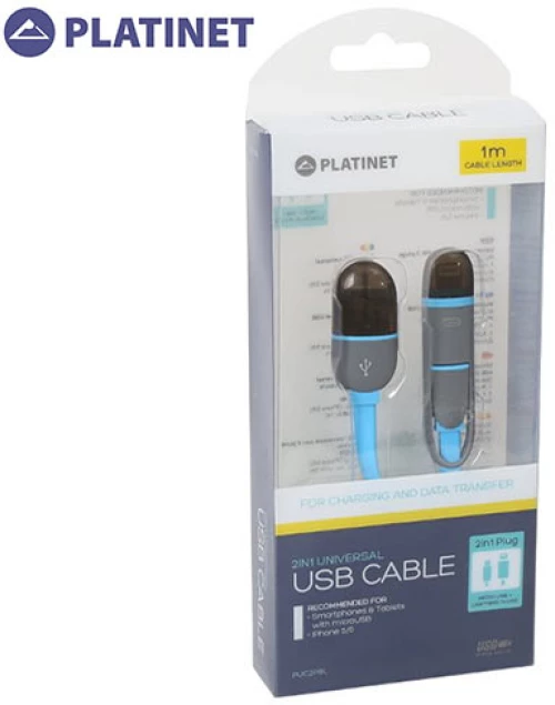 PLATINET USB UNIVERSAL CABLE 2 IN 1 MICRO USB & LIGHTNING PLUGS BLUE RETAIL PACK