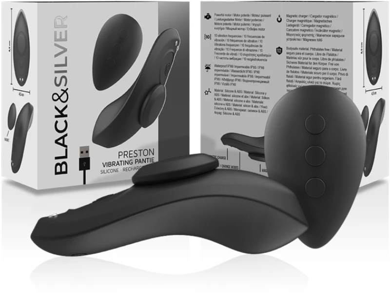 BLACK & SILVER - PRESTON BLACK RECHARGEABLE SILICONE VIBRATOR PANTIE