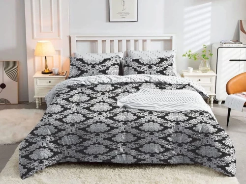 Σετ Σεντόνια Λευκά-Μαύρα Damask Εμπριμέ 100% Βαμβακερά Γαρύφαλλο - 240x260, Χωρίς Λάστιχο