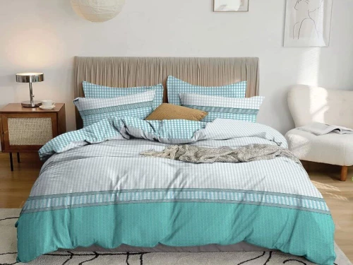 Σετ Σεντόνια Τυρκουάζ Λευκό Καρό Εμπριμέ 100% Βαμβακερά Γαρύφαλλο - 240x260, Με Λάστιχο 180x200+30