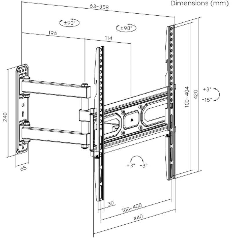 POWERTECH επιτοίχια βάση PT-1131 για τηλεόραση 32-55", full motion, 35kg