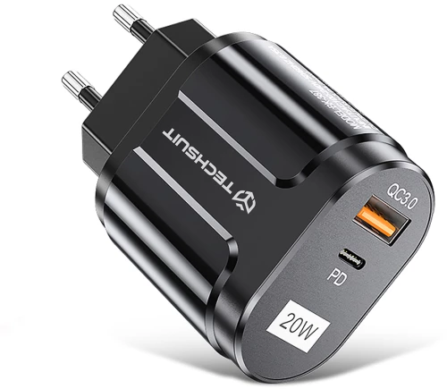 Techsuit - Wall Charger Premium (CHPD038) - USB-A, QC 3.0, USB-C, 20W - Black