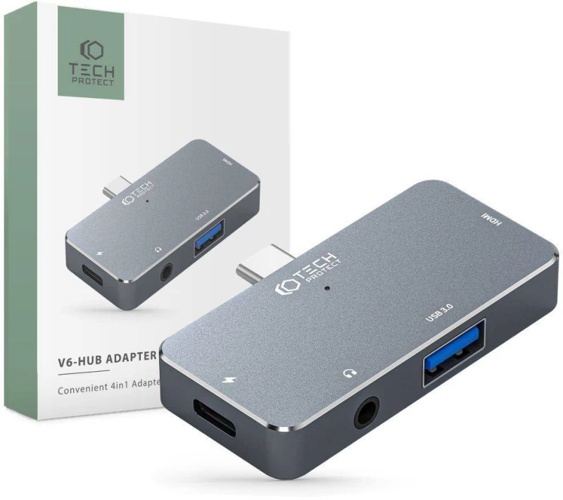 Adapter HUB 4in1 SB-C - USB + USB-C + HDMI + AUX Minijack 3.5mm Tech-Protect V6 grey