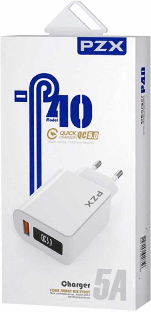 PZX P40 Φορτιστής κινητού / Mobile Charger με 1 Θύρα USB-A Και Καλώδιο USB-A Σε Lightning - Χρώμα: Λευκό
