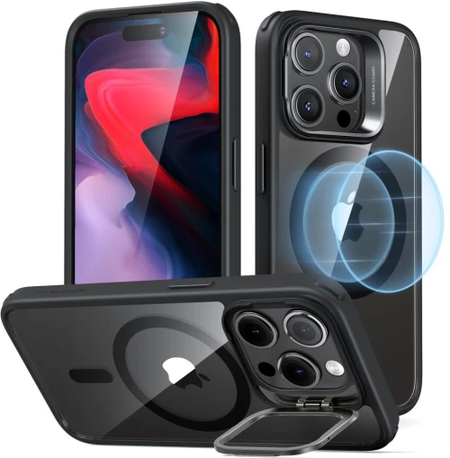 ESR - Classic Hybrid HaloLock Kickstand - iPhone 15 Pro - Clear Black