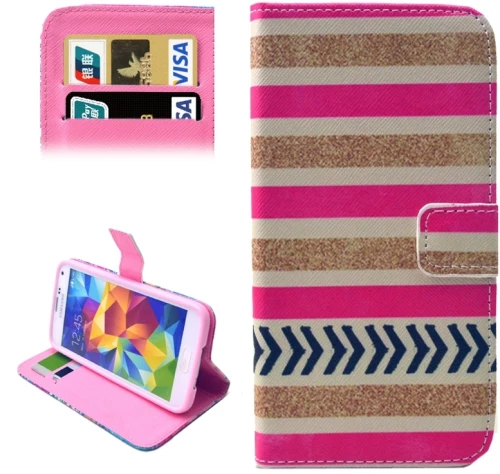 Gold and Pink Stripe Pattern Leather Case with Holder & Card Slots & Wallet for Galaxy S5 mini / G800 (OEM)