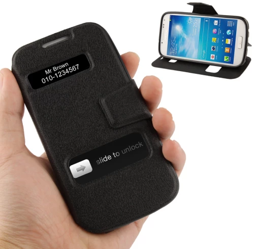 Pebble Texture Leather Case with Call Display ID & Holder for Galaxy S IV / i9500(Black) (OEM)