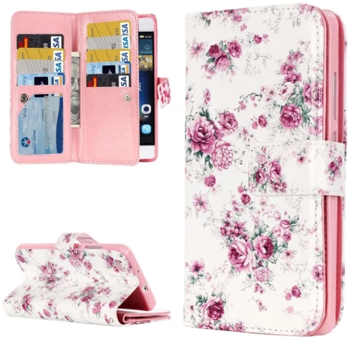 For Huawei  P8 Lite Rose Pattern Horizontal Flip Leather Case with 9 Card Slots & Wallet & Holder (OEM)