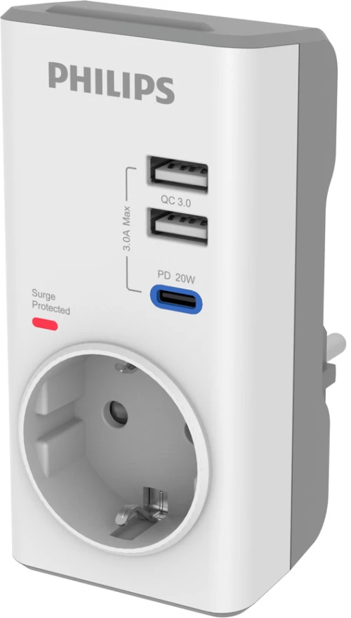 PHILIPS αντάπτορας ρεύματος CHP8010W/10, 1 θέση, USB-C/USB, 380J, λευκός