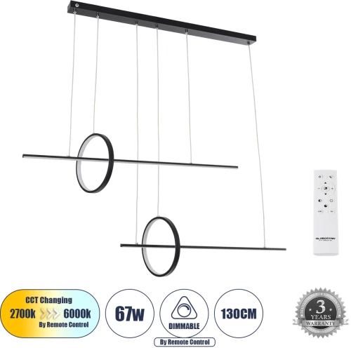 GloboStar® LINEARE 61290 Κρεμαστό Φωτιστικό Οροφής Design LED CCT 67W 7504lm 300° AC 220-240V - Εναλλαγή Φωτισμού μέσω Τηλεχειριστηρίου All In One Ψυχρό 6000k+Φυσικό 4500k+Θερμό 2700k Dimmable Μ130 x Π25 x Υ60cm - Μαύρο - 3 Years Warranty