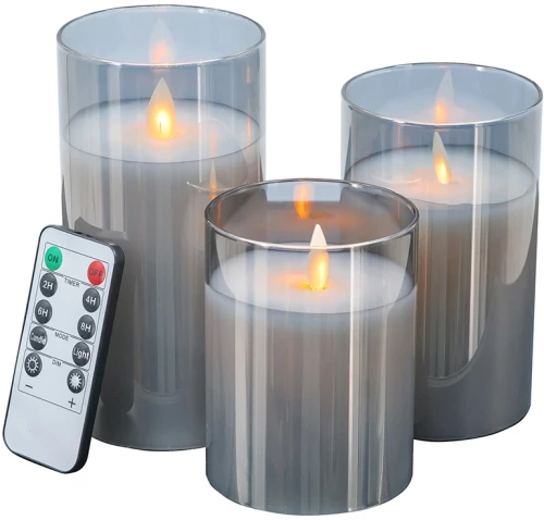 Κεριά φουμέ γυαλί-κερί-φλόγα Led  ΣΕΤ/3 με τηλεχειριστήριο 7.6 X 7.6 X 15.2cm Mήκος 7,6 Πλάτος 7,6 Ύψος 15,2 Artekko 470006-SMOK-DS