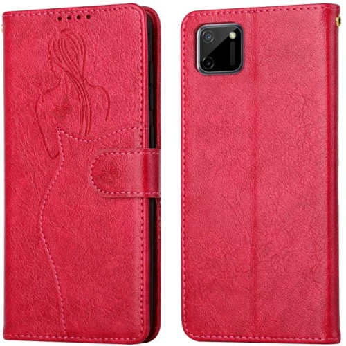 For OPPO Realme C11 Beauty Girl Embossing Pattern Horizontal Flip Leather Case with Holder & Card Slot & Wallet & Photo Frame(Red) (OEM)