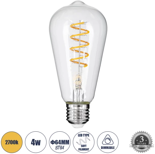 GloboStar® 99143 Λάμπα LED Soft S Spiral Filament E27 ST64 Αχλάδι 4W 300lm 360° AC 220-240V IP20 Φ6.4 x Υ14cm Θερμό Λευκό 2700K με Διάφανο Γυαλί - Dimmable - 3 Years Warranty