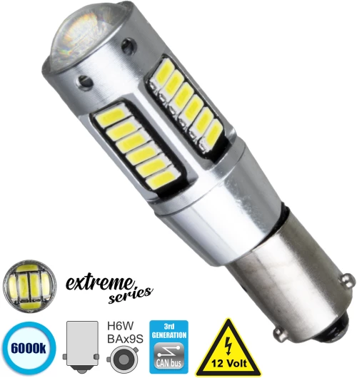 GloboStar® 81299 Λάμπα Αυτοκίνητου BAx9S - H6W 3rd Generation Can-Bus Extreme Series LED 30 SMD 4014 6W 900lm 360° DC 12V IP20 Ψυχρό Λευκό 6000K