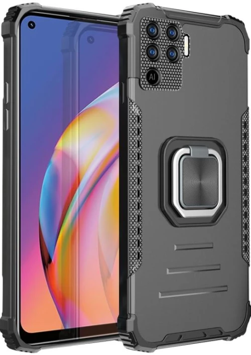 For OPPO A94 4G / Reno5 Lite / F19 Pro / Reno5 F Fierce Warrior Series Armor All-inclusive Shockproof Aluminum Alloy + TPU Protective Case with Ring Holder(Black) (OEM)