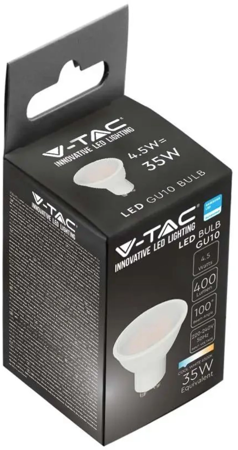 V-TAC Λάμπα LED Spot GU10 Samsung chip SMD 4.5W θερμό λευκό 3000K