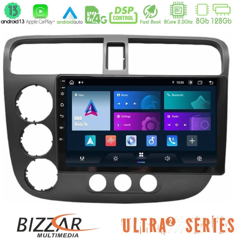 Bizzar Ultra Series Honda Civic 2001-2005 8core Android13 8+128gb Navigation Multimedia Tablet 9 u-ul2-Hd174n