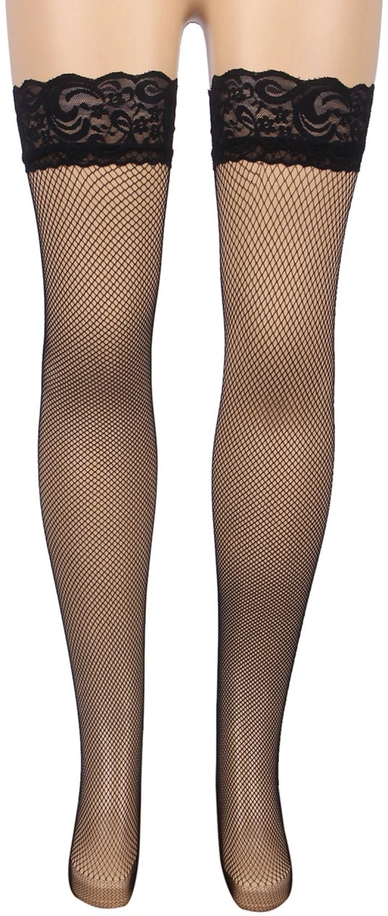 Black Fishnets Thigh High Stockings Silicone Lace Top Stay Up Sheer Hosiery