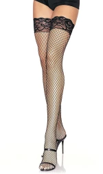 Black Fishnets Thigh High Stockings Silicone Lace Top Stay Up Sheer Hosiery