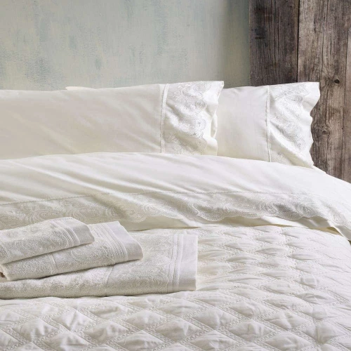 Σεντόνια Σετ Με Δαντέλα 4τμχ Anika Ecru Ρυθμός Υπέρδιπλο 230x260cm 100% Βαμβάκι