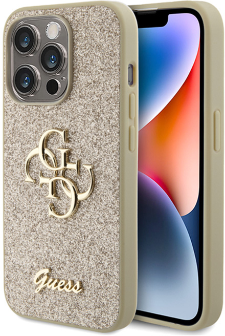 Guess Glitter Script Big 4G - Case for iPhone 15 Pro (Gold)