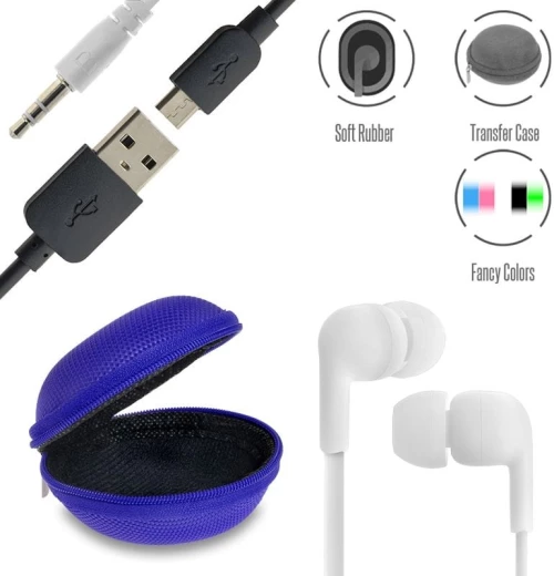 Stereo hi-fi earphones white+ θήκη + usb to micro