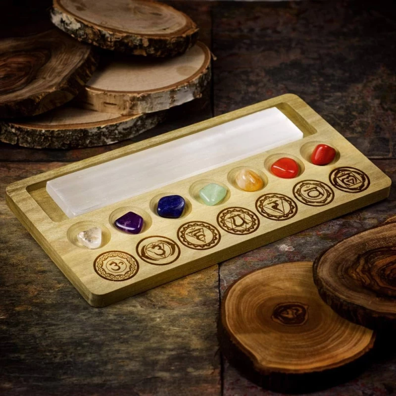 Ξύλινος Πίνακας των 7 Τσάκρα Wooden Seven Chakra Board With Gemstones