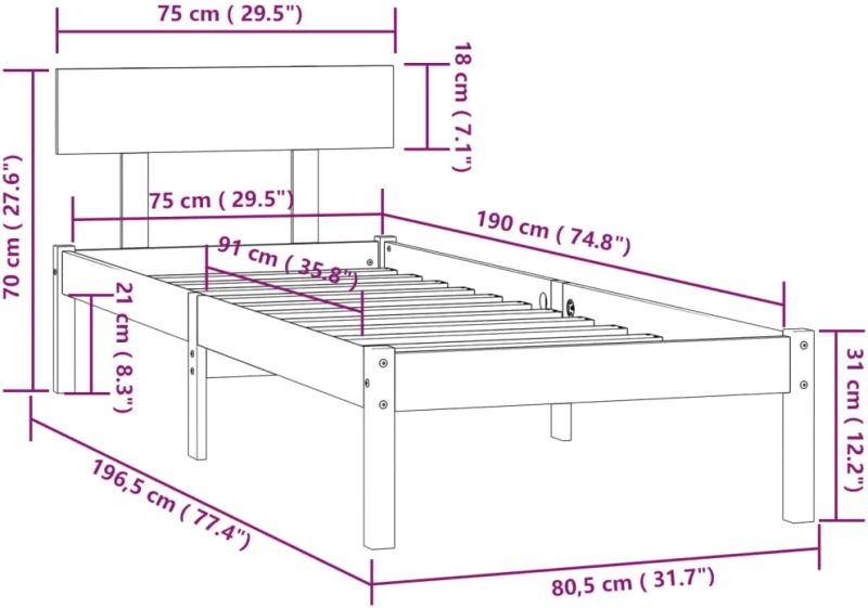 ΠΛΑΙΣΙΟ ΚΡΕΒΑΤΙΟΥ ΜΑΥΡΟ 75X190 ΕΚ. ΜΑΣΙΦ ΠΕΥΚΟ UK SMALL SINGLE 810111