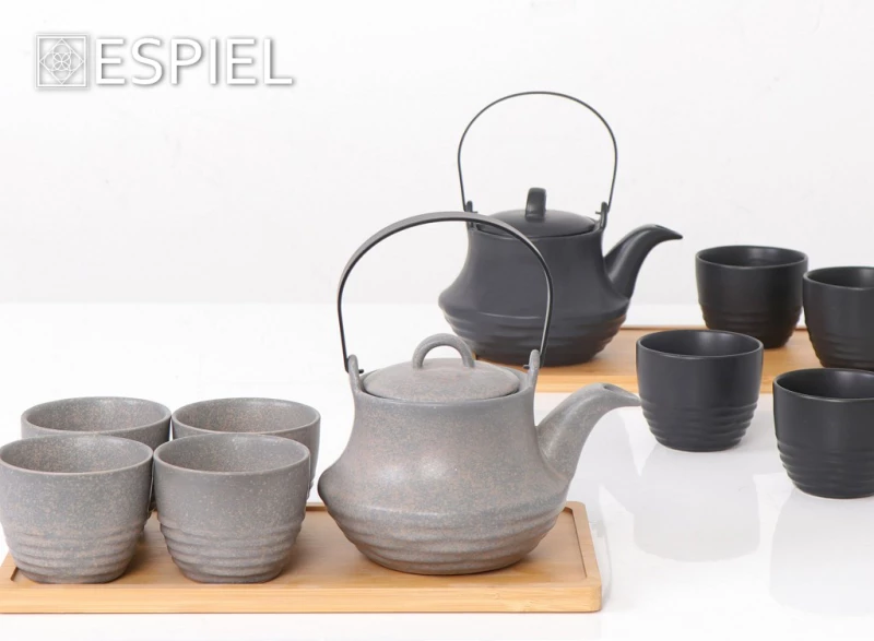 Espiel Σετ Τσαγιού 6 τεμ μαύρο ματ stoneware Ritual με σίτα σε δίσκο 600ml SPI112