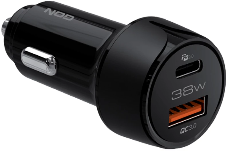 NOD E-CAR AC38 Universal φορτιστής αυτοκινήτου USB-A QC3.0 & USB-C PD3.0 38W, σε μαύρο χρώμα.