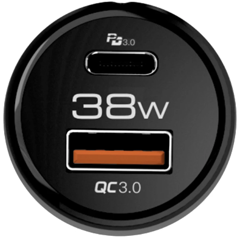 NOD E-CAR AC38 Universal φορτιστής αυτοκινήτου USB-A QC3.0 & USB-C PD3.0 38W, σε μαύρο χρώμα.