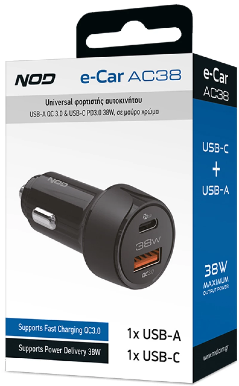 NOD E-CAR AC38 Universal φορτιστής αυτοκινήτου USB-A QC3.0 & USB-C PD3.0 38W, σε μαύρο χρώμα.