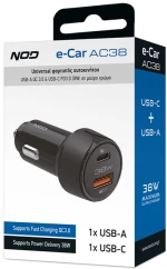 NOD E-CAR AC38 Universal φορτιστής αυτοκινήτου USB-A QC3.0 & USB-C PD3.0 38W, σε μαύρο χρώμα.