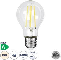 GloboStar® 99091 Λάμπα LED Long Filament E27 A60 Γλόμπος 4W 840lm 360° AC 220-240V IP20 Φ6 x Υ11cm Φυσικό Λευκό 4000K με Διάφανο Γυαλί - Pro Series 210lm/W - A Ενεργειακή Κλάση -
