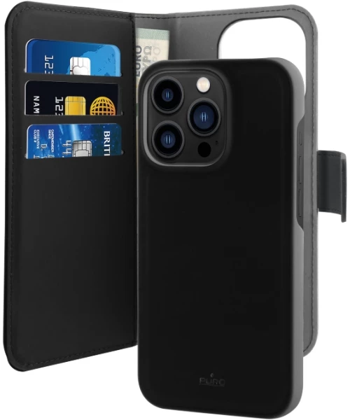 Puro Eco-Leather Case for iPhone 14 Pro W/horiz.flip+3 Card Slot+Banknote Pocket+Magn Cover Black