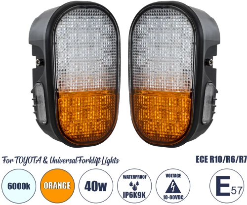 GloboStar® 85455 E57 Mark Σετ 2 x Φανάρια για TOYOTA & UNIVERSAL FORKLIFT Βασικού Φωτισμού για Οχήματα Περονοφόρα - Κλάρκ με Φλας LED 40W DC 10-80V Αδιάβροχα IP6K9K Πορτοκαλί & Ψυχρό Λευκό 6000K  Μ20 x Π8 x Υ12cm