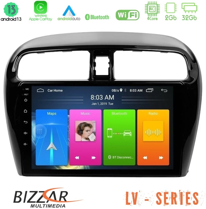 Bizzar LV Series Mitsubishi Space Star 2013-2016 4Core Android 13 2+32GB Navigation Multimedia Tablet 9"