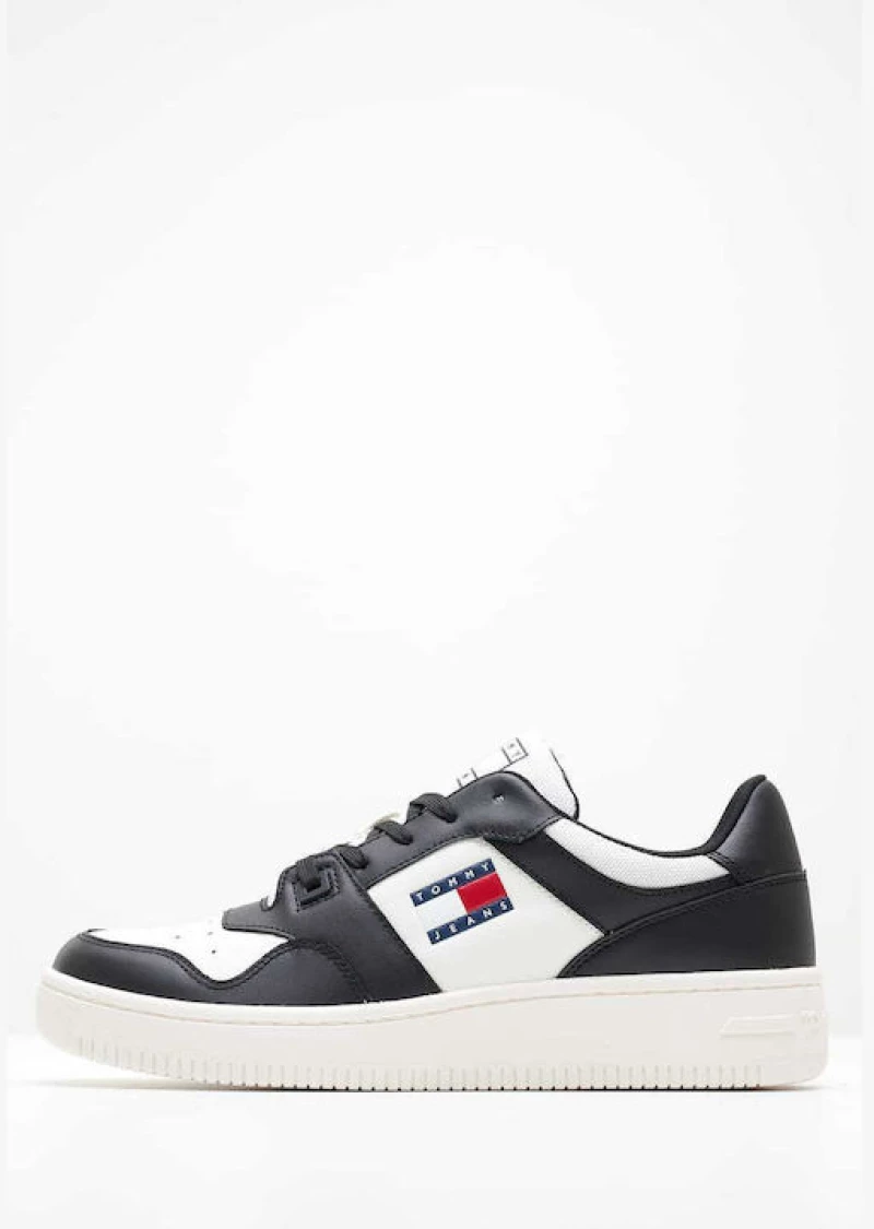 Tommy Jeans ανδρικό δερμάτινο sneaker retro basket ασπρόμαυρο EM0EM01395-000