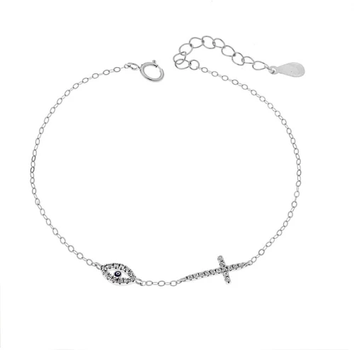 Βραχιόλι Senza Silver 925, Ματάκι μπλε και σταυρός με ζιργκόν SSR3090SBL