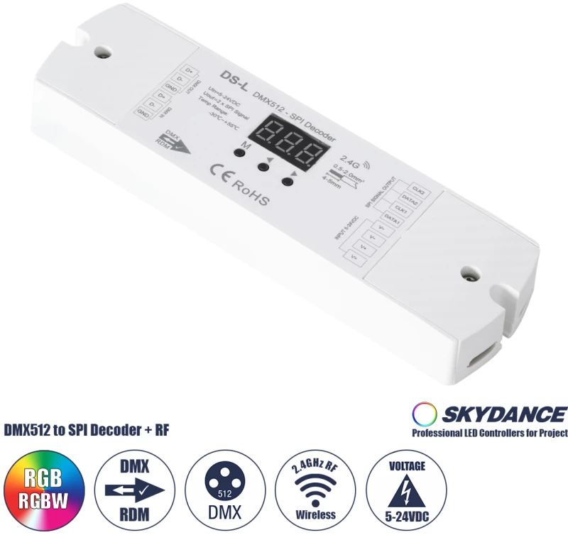 GloboStar® 73142 DS-L SKYDANCE DC RF 2.4Ghz DMX512 to SPI Decoder DC 5-24V - IP20  Μ17 x Π5 x Υ2.5cm -