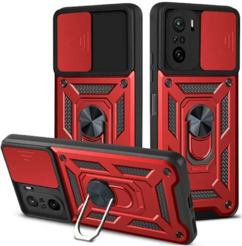 Bodycell Armor Slide - Ανθεκτική Θήκη Xiaomi Poco F3 με Κάλυμμα για την Κάμερα & Μεταλλικό Ring Holder - Red (5206015012051)