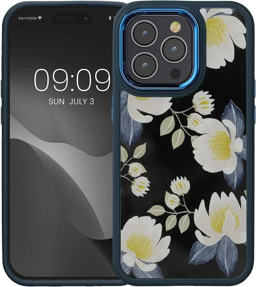 KWmobile Crystal Hard Case - Σκληρή Διάφανη Θήκη με TPU Bumper - Apple iPhone 14 Pro Max - White Blossoms / Yellow / Dark Blue / White (60469.02)