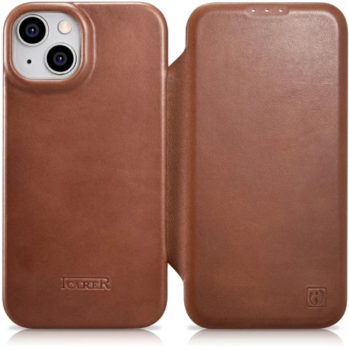 iCarer Curved Edge Oil Wax Leather Folio - Δερμάτινη MagSafe Flip Θήκη-Πορτοφόλι - Apple iPhone 14 - Brown (AKI14220705-BN)