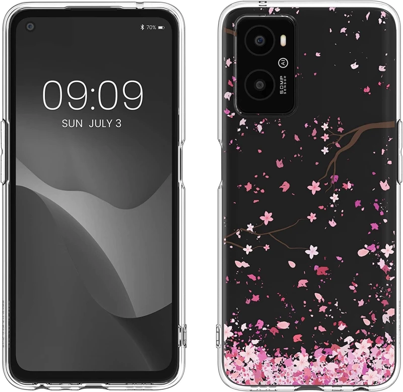 KWmobile Θήκη Σιλικόνης Oppo A76 / A96 - Cherry Blossoms Pink Petals / Dark Brown / Transparent (60981.01)