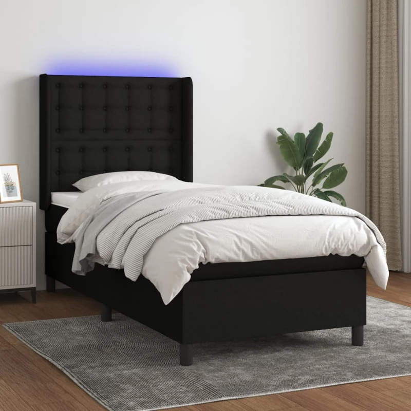 Κρεβάτι Boxspring με Στρώμα & LED Μαύρο 90x200 εκ. Υφασμάτινο 3138607