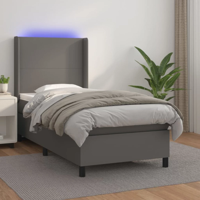 Κρεβάτι Boxspring με Στρώμα & LED Γκρι 100x200 εκ. Συνθ. Δέρμα Γκρι 3139251
