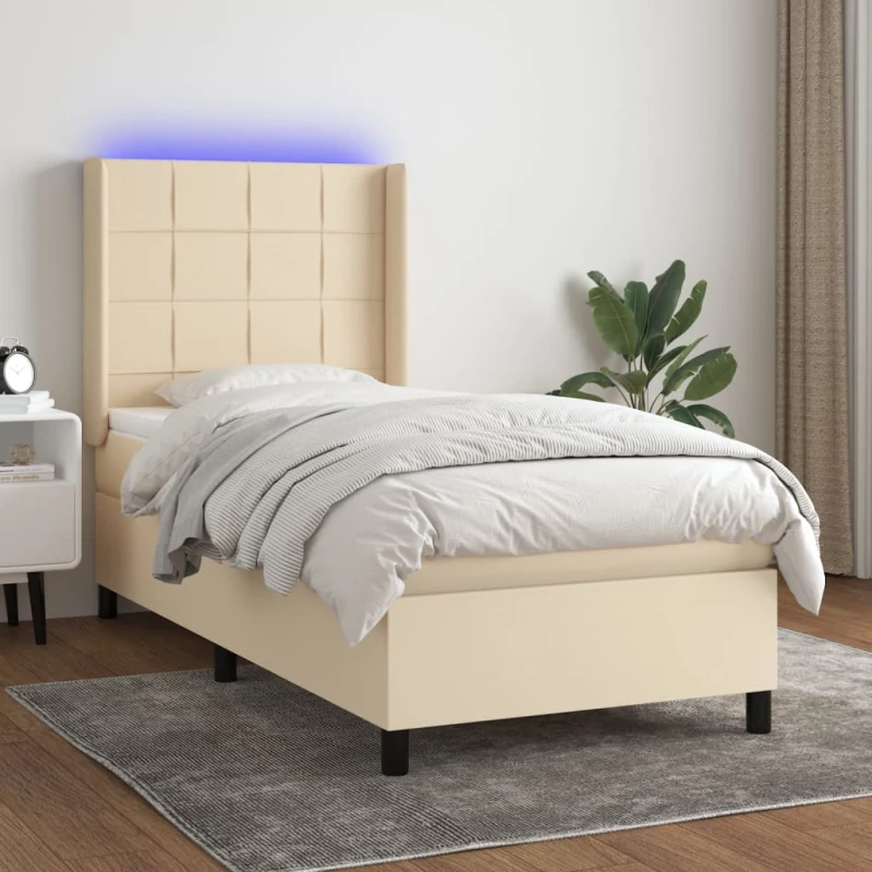 Κρεβάτι Boxspring με Στρώμα & LED Κρεμ 90x190 εκ. Υφασμάτινο Κρεμ 3138282